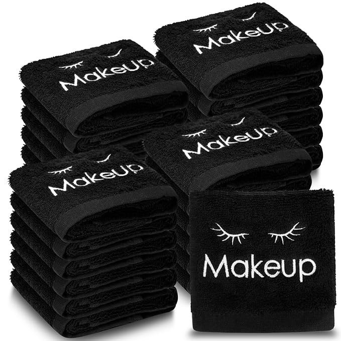 Shimeyao 13x13 Inch Black Makeup Towels Bulk Reusable Makeup Washcloths for Face Facial Remover Washcloths Absorbent Cotton Towel for Salon Spa Women Skin Care(24 Pcs,Classic)