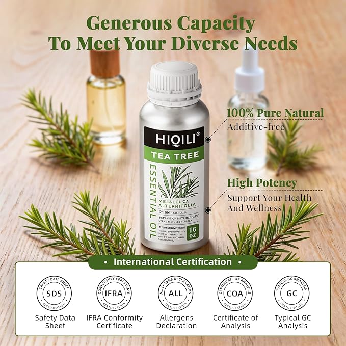 HIQILI Tea Tree Oil 16 Fl Oz, for Skin, Hair, Nail, Diffuser, Soap Making, Includes Two Portable Decanters