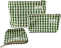 HAPPYHEIDI Nylon Checker Makeup Bag Set 3 with Compartment Cosmetic Toiletry Travel Pouch,Purse Accessory Organizer, 3-Size, Beige Green Plaid, Canvas Lined