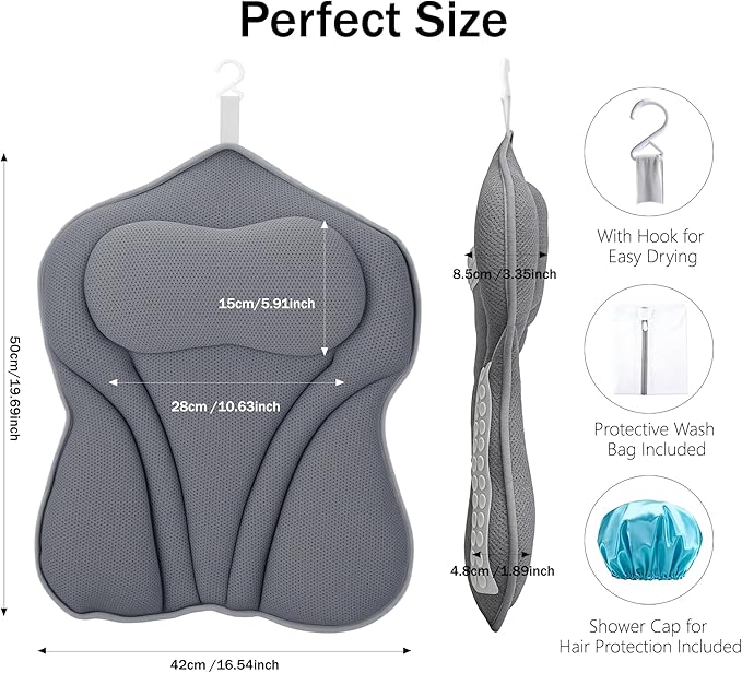 Bath Pillow PYRRHIC - Bathtub Pillow 5D Mesh with Neck & Back Support Non-Slip Suction Cups Fast Drying Soft Spa Pillow Relaxing Bath Accessories with Hook Laundry Bag Grey