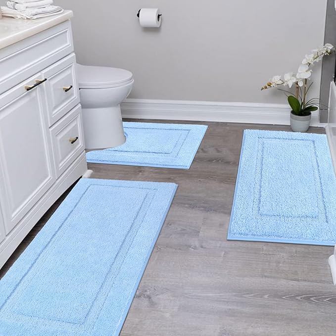 SHACOS Soft Fluffy Bathroom Runner Rugs Set of 3 Bath Mats with U Shape Toilet Rugs Non Slip Washable Bath Rugs Absorbent Bathroom Carpet for Shower Tub, Light Blue