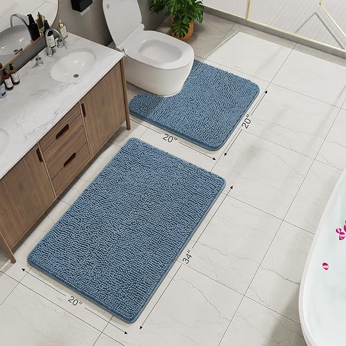 AROGAN Bathroom Rug Sets 2 Piece, 20"x20" U-Shaped Toilet Mat and 21"×34" Bath Mats Floor Set, Washable Bath Rug Set, Absorbent Soft Non Slip Bathroom Rug, Denim Blue