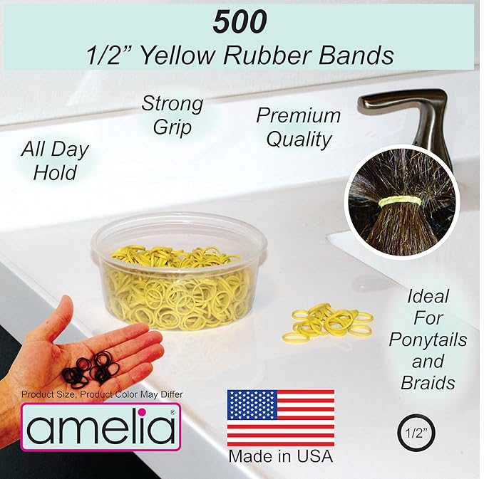 Amelia Beauty 500 Count Small Rubber Bands for Hair – ½" Yellow - Made in USA - Recloseable Container - Mini Hair Elastics for Braids, Ponytails, Cornrows & Twists – Strong Hold Ponytail Holders