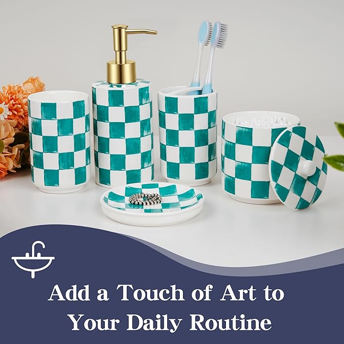 Ceramic Bathroom Soap Dispenser Set, Checkered Bathroom Vanity Set with Lotion Pump, Toothbrush Holder, Soap Dish & Storage Jar, Modern Bathroom Sink Accessories (Green)
