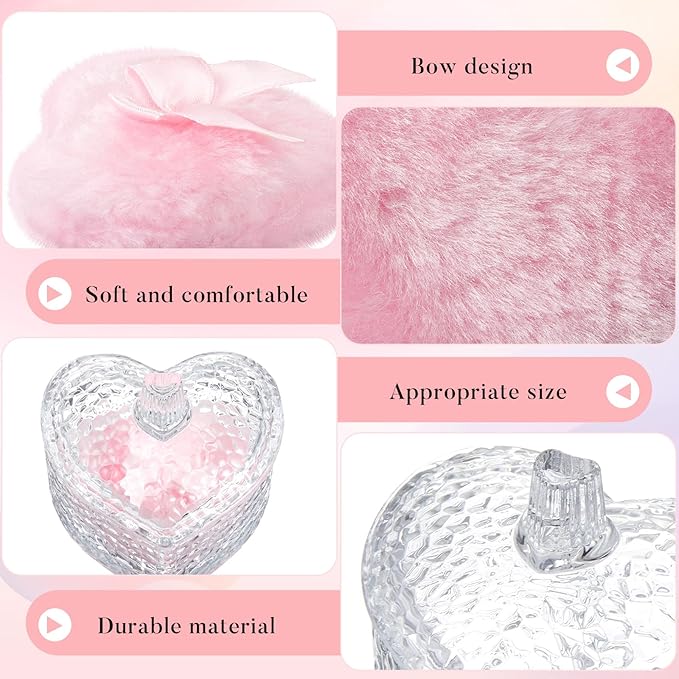 Tioncy 3 Pcs Large Body Powder Puff and Container Valentine's Day gift Powder Container with Puff Crystal Case Soft Washable Reusable Velour Face Body Glitter Wet Dry Makeup(Hammered Heart,Clear)