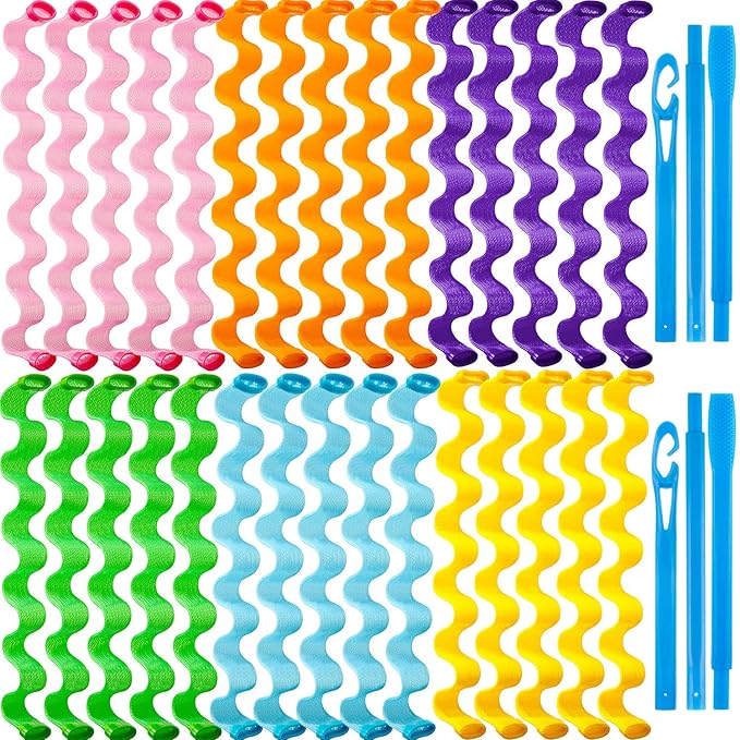 30 Pieces Heatless Waves Curlers Spiral Curls Styling Kit No Heat Hair Waver Spiral Curlers Rollers with 2 Pieces Styling Hooks for Most Hairstyles (45 cm, Mixed Color)