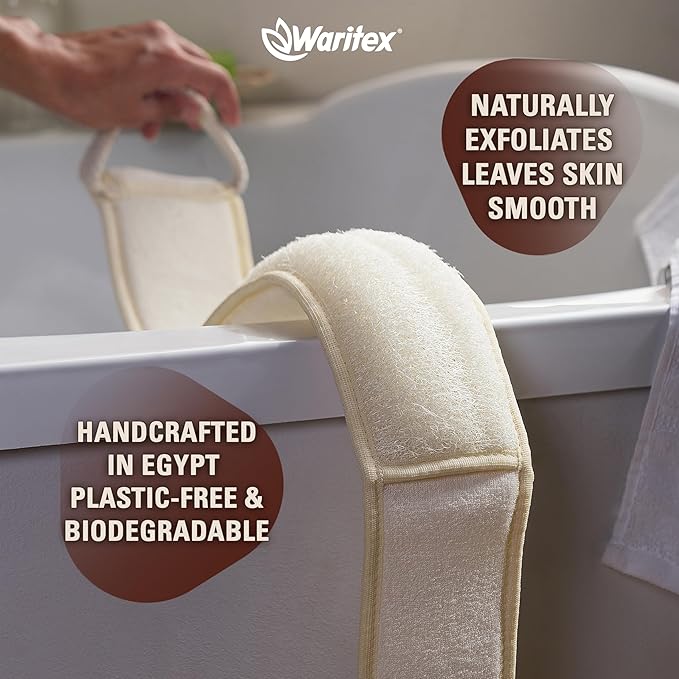 Waritex Natural Egyptian Loofah Back Scrubber for Shower, Extra-Long Exfoliating Strap Made with Natural Egyptian Loofah Fibers, Deep Cleaning Body Sponge for Men and Women – Soft Cotton Handles