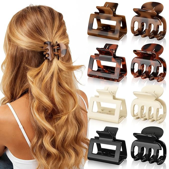 8 PCS Medium Hair Clips for Women Girls - 2 Styles Rectangle Small Claw Clips for Thin Thick Curly Hair, Strong Hold Non-Slip Jaw Clip, Cute & Stylish Leopard Print Hair Accessories, Tortoise