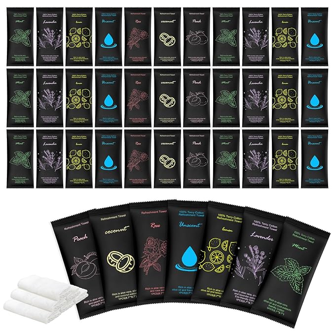 Moist Cotton Towel Bulk Moist Towelettes Individually Wrapped 8.7" x 8.7",White Towel Services,Refreshment Pre Moistened Towels Lavender Lemon Mint Unscented Peach Rose Coconut for Sport Spa (70)