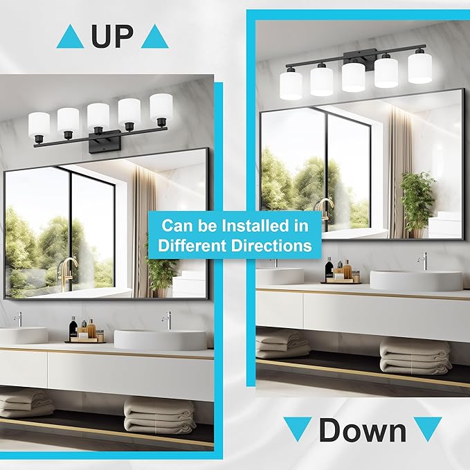 Bathroom Black Lighting Fixtures Over Mirror, Anti-Rust 5-Light Bathroom Vanity Lights,Milky White Glass Shades