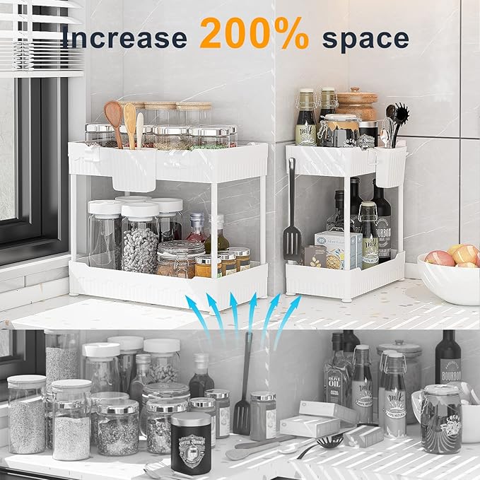 2 Pack Under Sink Organizer, Under Bathroom Cabinet Organizer with Hooks Hanging Cup, Multi-Purpose Storage Shelf for Kitchen Bathroom (White, 12.8 Inch)
