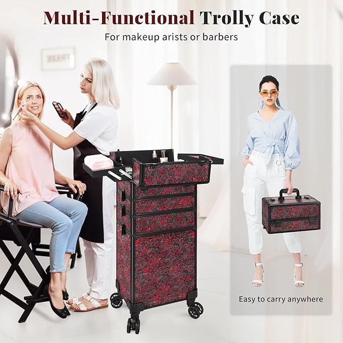 Profesional Rolling Makeup Train Case with Lid, 5 in 1 Cosmetology Case on Wheels, Large Cosmetic Trolley Organizer Travel for Hairstylist Artist Nail Beauty Salon Barber, Red