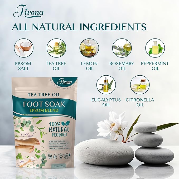 Fivona Tea Tree Foot Soak Blend 14.1 oz - Epsom Salt with Essential Oils for Healthy Toenails, Soothing Relief, Callus Softening - Pedicure Therapy for Soft, Rejuvenated Feet