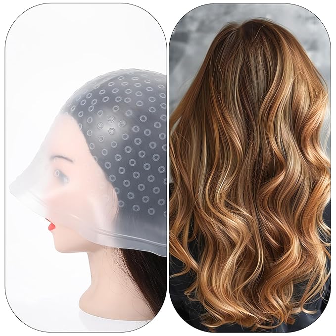 Silicone Highlighting Hair Caps with Pre-Cut Holes, Reusable Hair Dye Caps for Professional and DIY Hair Coloring, Includes Hook Needle, Salon Hairdressing Dyeing Staining Tools for Women Men (White)