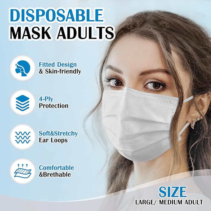 Disposable Face Mask For Adults - Travel Essentials, 100 Pack Individually Wrapped, 4 Ply Protection,Safety Masks Disposable