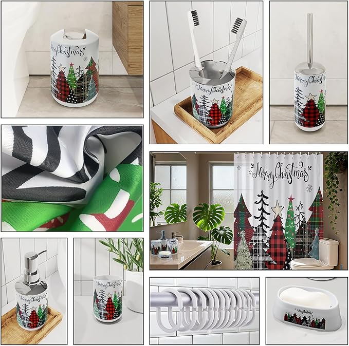 Clara Clark Bathroom Set - Christmas Shower Curtain Set, 19PC Bathroom Accessories Set, Christmas Bathroom Decor, Xmas Bathroom Accessory Set, Soap Dispenser, Toilet Brush, & Trash Can