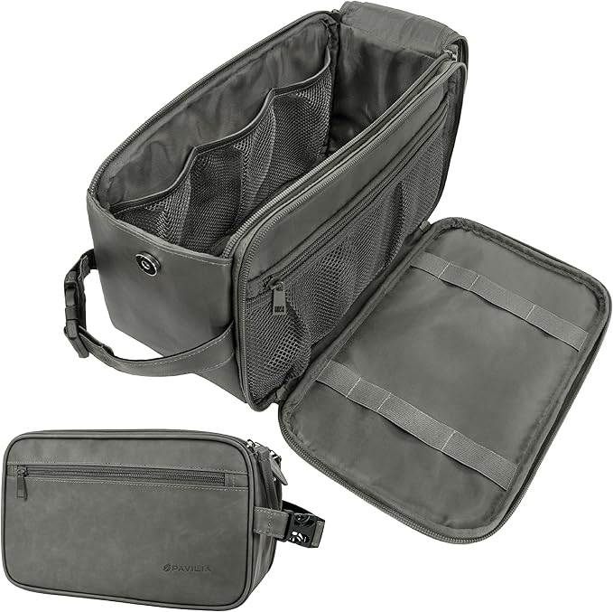 PAVILIA Toiletry Bag for Men, Travel Essentials Shaving Dopp Kit, Mens Travel Bag Toiletries Organizer Case for Grooming, PU Leather Water Resistant Cosmetic Bag Pouch (XL, Dark Grey)