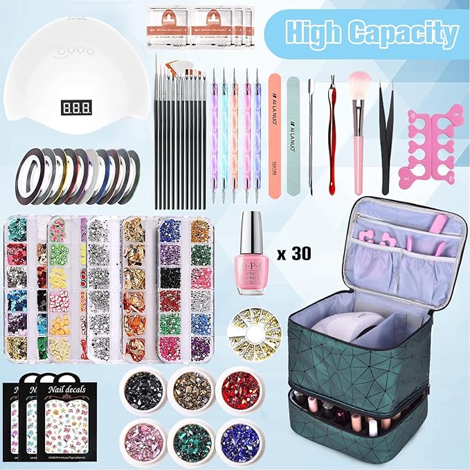 Nail Polish Organizer Holds 30 Bottles (15ml) and 1 Nail Light Nail Polish Carrying Case with Storage Pockets for Manicure Tools Double Layer Nail Storage Travel Bag with Handle (A-Green)