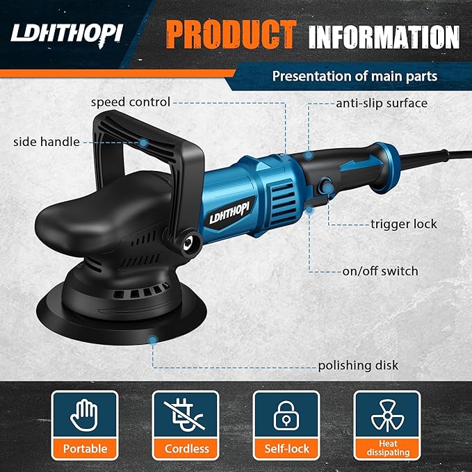 LDHTHOPI Dual Action Polisher, 980W 5/6 Inch, 2026 Upgraded 9MM Random Orbital Buffer Polisher for Car Detailing, 2800-5800RMP, 6 Variable Speed Buffer Polisher with 8 Detachable Pads