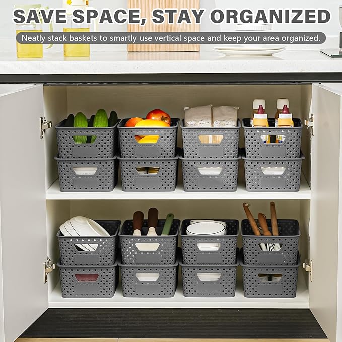 10 Pack Plastic Storage Bins with Lids, Stackable Plastic Storage Baskets for Organizing with Handles, Organizer Bins with Labels for Room, Craft, Containers for Pantry Organizers and Storage, Grey