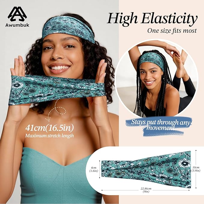 Headbands for Women, 8 Pack Non-Slip Moisture Wicking Sports Wide Head Bands, Stretchy Elastic Fabric, Multiple Colors Securing Hair for Fashion, Sports, Yoga, Running, Daily Life
