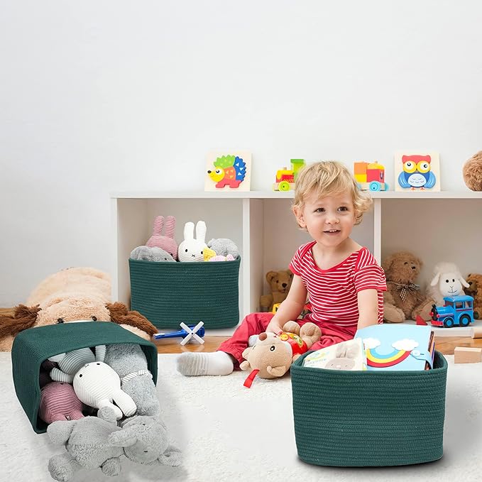 Cotton Rope storage Basket Bins15X10X9.3“ Basket for Organizing Shelves Rectangle Decorative Baskets For storage Clothes Toys Books Towels Square Wicker Nursery basket organizer 3 pack Dark green