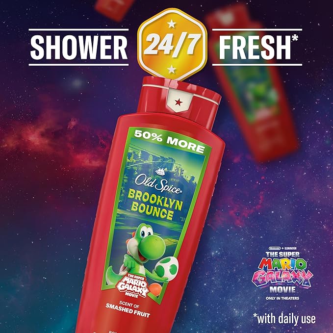 Old Spice Body & Face Wash for Men, x The Super Mario Galaxy Movie, 3X Defense, 24/7 Shower Fresh with Long Lasting Scent, Smell Super with Brooklyn Bounce, Smashed Fruit Scent, 24 oz