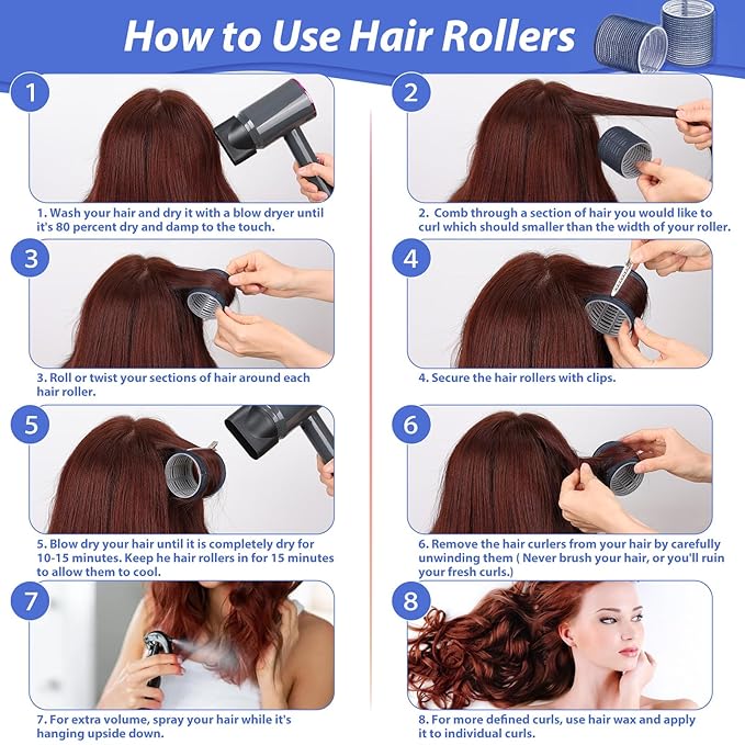 Jumbo Hair Curlers Rollers, 12Pcs Hair Roller Curlers Self Grip Holding Rollers with 12 Stainless Steel Duckbill Clips for Long Hair Volume (Navy Blue)