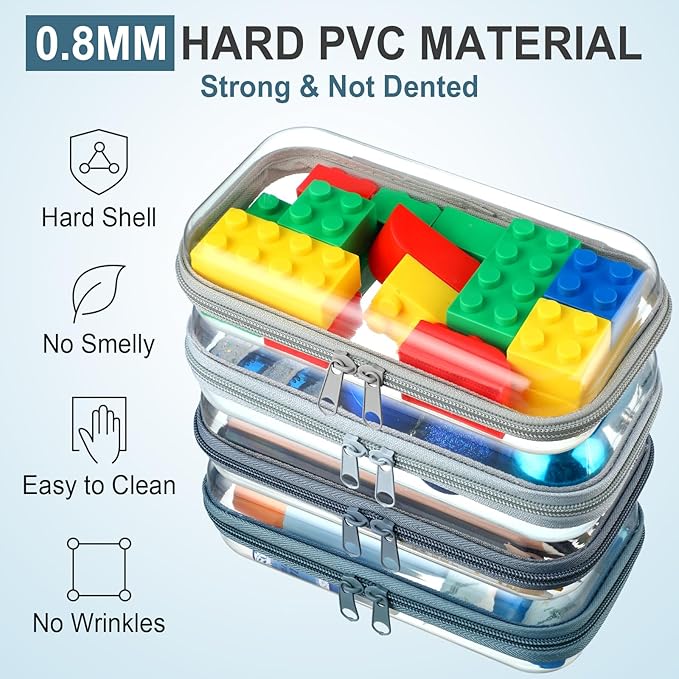 Hoolerry 4 Pcs Hard Clear Zipper Case Makeup Bags Plastic Zipper Pouch Transparent Storage Box Containers for Cosmetics, Snacks, Building Blocks, Puzzles(Clear,7.5 x 3.9 x 2 in,Morandi)