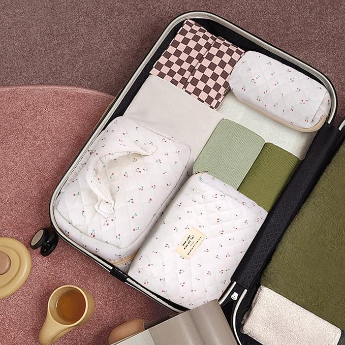 3Pcs Cotton Quilted Makeup Bag Large Travel Cosmetic Bag Coquette Makeup Pouch Cute Aesthetic Floral Toiletry Bag for Women Girls (cherry-B)