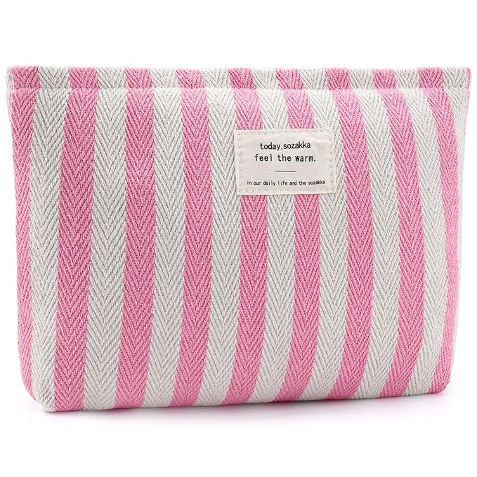 ZLFSRQ Striped Makeup Bag Large Canvas Travel Makeup Bag for Women Cosmetic Pouch Cute Pink Striped Make Up Pouch for Purse Y2k Aesthetic Trendy Zippered Toiletry Bags Gift Skincare Storage Organizer