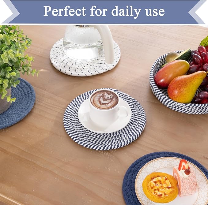 SHACOS 8 Inches Trivets for Hot Dishes, 4 Pieces Cotton Trivets Mats for Kitchen with Storage Basket, Hot Pads for Countertops and Table, Heat-Resistant Pot Holders for Hot Pots and Pans