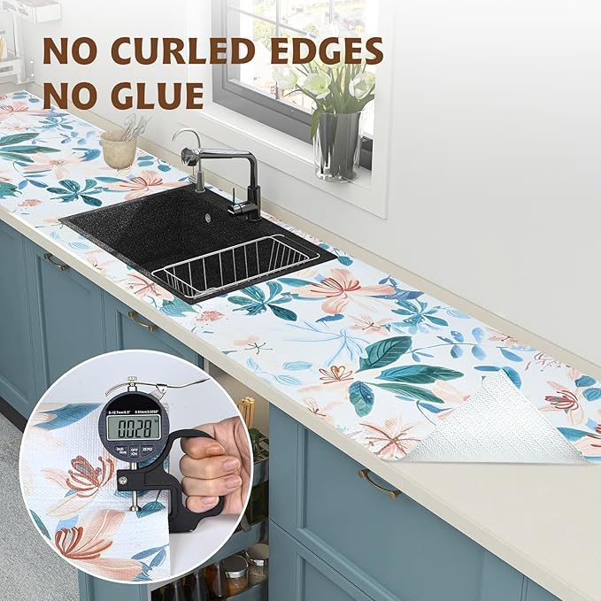 Shelf Liners for Kitchen Cabinets 17in x 20FT, Non Adhesive Drawer Liner Colored Flowers Thickened Shelf Liner Non-Slip Easy to Clean for Tool Box Refrigerator with Knife and Tape Measure