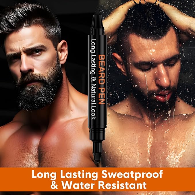 3-Pack Beard Pen Filler for Men, Waterproof & Sweat Proof Long-Lasting Beard Pen Kit with 2 Fillers & 1 Double-Headed Brush – Effectively Enhances Facial Hair (Brown)
