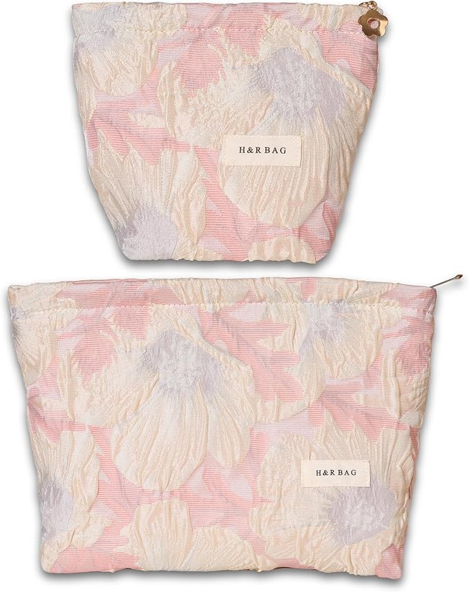 2 PCS Makeup Bag Small Cute Makeup Pouch Floral Cosmetic Bag for Women，Soft Toiletry Bag Pouch for Purse, Stereoscopic Emboss Craft Makeup Bag with Zipper（ Relief Pink Flower）