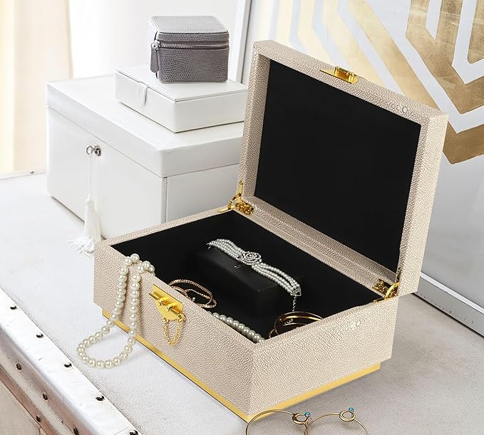 HofferRuffer Elegant Faux Leather Decorative Box, Storage Jewelry Box Organizer, Large Dresser Cosmetic Organizer Holder, Classic Jewelry Accessory Organizer, 11x8x4.8 inches (Light Grey)
