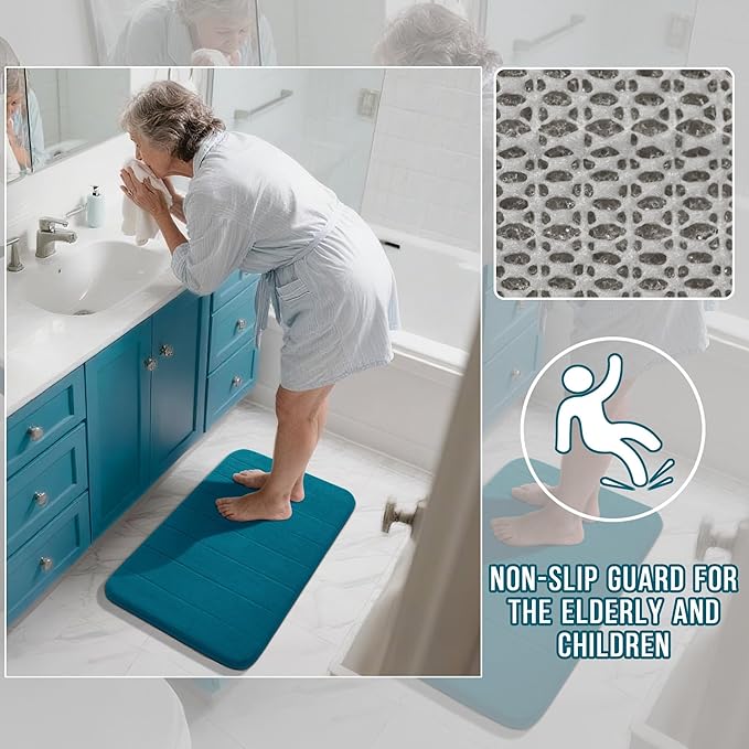 Yimobra Large Bath Mat Set 2 Piece- Super Soft Absorbent Quick Dry Memory Foam Bathroom Rugs, Machine Washable Non Slip Floor Carpet for Tub Shower & Double Vanity (17x24 & 44x24, Peacock Blue)