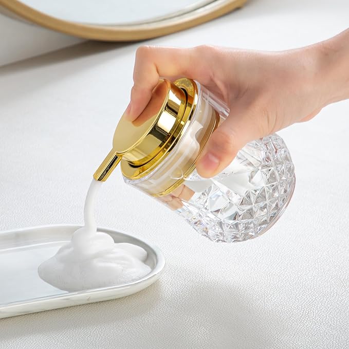 Glass Foam Soap Dispenser Set - 2 Pack Bathroom Hand Soap Dispensers,Refillable Dish Soap Dispenser for Gold Pump,Modern Home Soap Dispenser for Bathroom,Kitchen (Clear/Gold Poam Pump/2Pack)