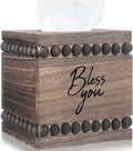 Bless You Beaded Square Tissue Box Cover, Rustic Farmhouse Vintage Wooden Tissue Holder Box Distressed Napkin Holder for Table Bathroom Decor (Brown)
