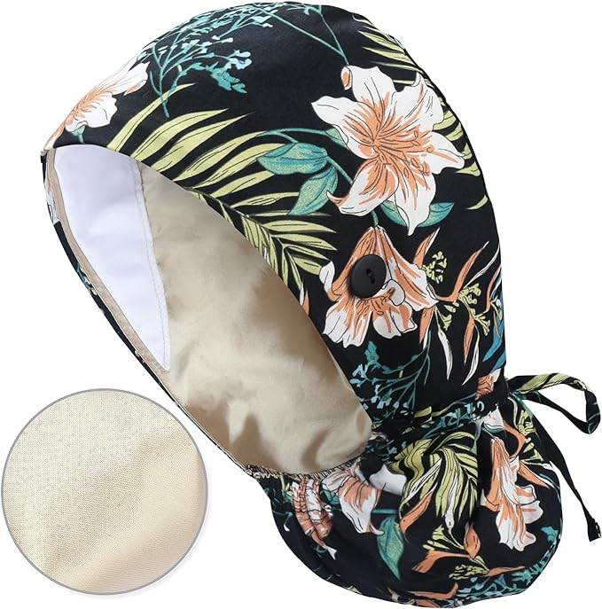 QBA Adjustable Working Cap with Button, Satin-Lined Hat, Cotton Working Hat Sweatband, Elastic Tie Back Hats Unisex