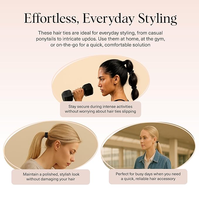 Kitsch Seamless Hair Ties No Damage - Stretchable Hair Bands for Strong All-Day Hold, Ponytail Holders | Hair Accessories for Girls | Ideal Gifts for Women - Black 8 Pcs