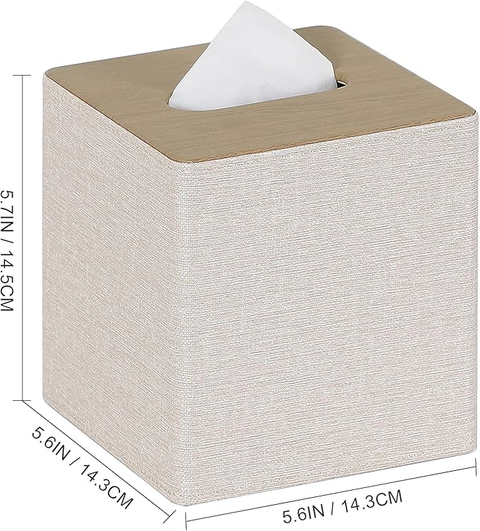 Tissue Box Cover Square PU Leather Facial Tissue Box Holder for Dresser Bathroom Decor (Beige)