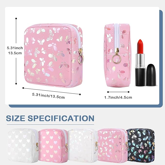 Period Bag Pouch, Leather Sanitary Napkin Storage Bag for Girls Womens, Portable Sanitary Napkin Period Pad Pouch Bag for Purse, Small Make Up Bags(Pink Butterflies)