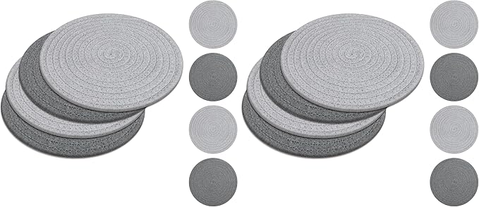 SHACOS 8 Inches Trivets for Hot Dishes, 4 Pieces Heat-Resistant Trivets Mats for Kitchen, Cotton Pot Holders for Hot Pots and Pans, Hot Pads for Countertops and Table, Gray and Light Gray (Pack of 2)