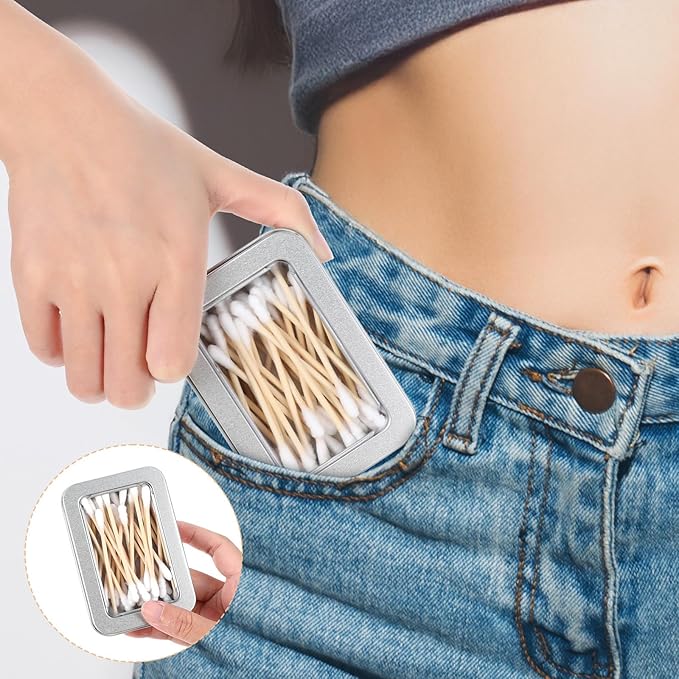 4Pcs Travel Cotton Swab Holder, Portable Floss Pick Holder, Metal Cotton Ball Holders for Dental Floss, Clear Dustproof Travel Qtips Case with Lid, Hair Ties Small Items