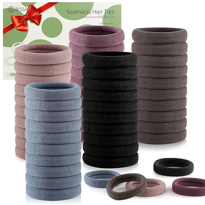 Bessrung 100 Pcs Thick Seamless Hair Ties, Ponytail Holders Hair Accessories for Women Girls No Damage for Thick Hair (Natural Colors)