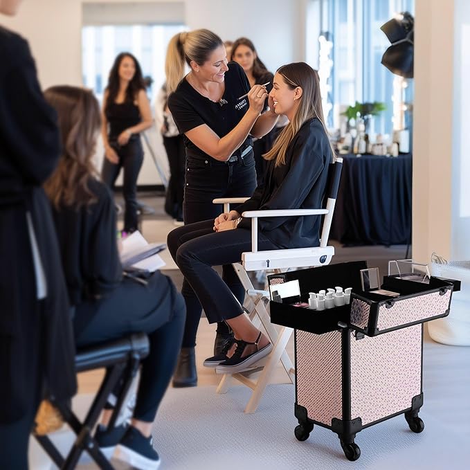 BYOOTIQUE Rolling Makeup Train Case on Wheels 3-Piece Hairdressing Brush Bags Cosmetology Art Deco Tyrian