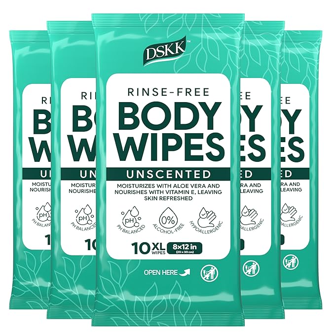 No-Rinse Body Wipes for Adults – XL Ultra Thick Bathing Wipes, Unscented with Aloe & Vitamin E, Hypoallergenic Full Body Washcloths for Women, Men & Elderly, Travel & Camping (50 Count)