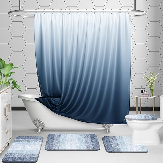 OLANLY Bathroom Rugs Sets 3 Piece, Soft Absorbent Microfiber Bath Mats and U-Shaped Contour Toilet Rug, Plush Shaggy Bath Mat Set for Bathroom (47"x20"+24"x16"+24"x20", Blue)