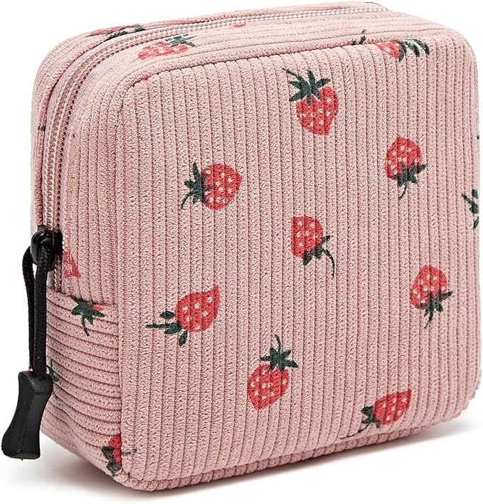 Small Makeup Bag for Purse,Mini Cosmetics Bag cute Zipper corduroy Cosmetic Pouch Storage Pouch Travel Toiletry Organizer for Women Girls(Strawberry,Pink)